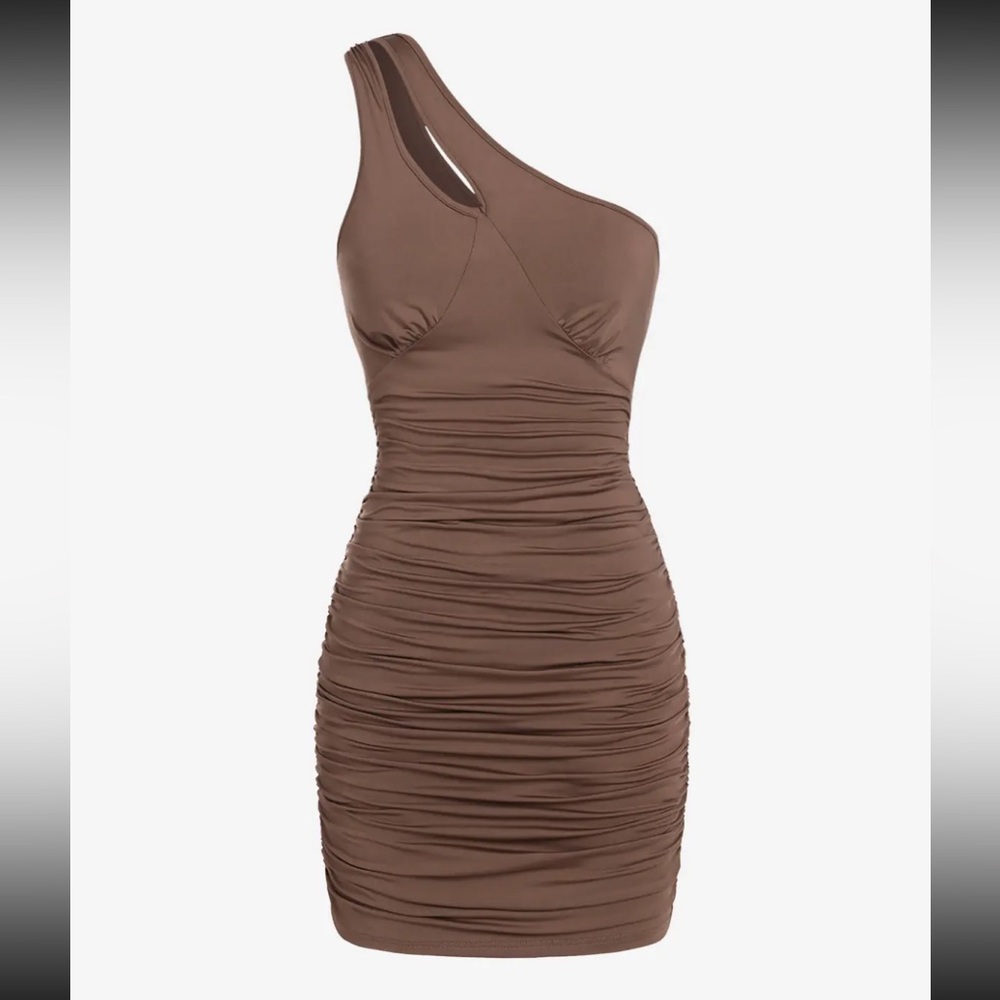 Zaful Brown cutout ruched one shoulder tank dress